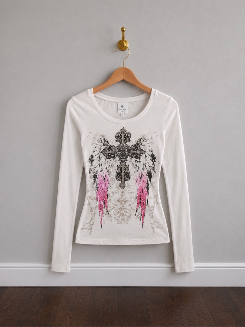 Ellie Rose Y2K Rhinestone Cross Angel Wing Long Sleeve Top L
